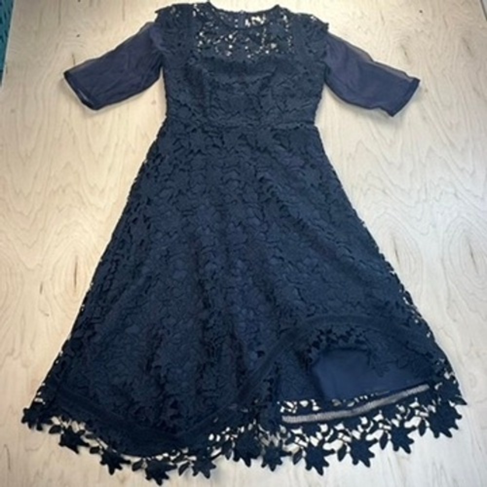 Eliza J Navy Blue Floral Lace Midi Dress Party Cocktail Wedding Size 0